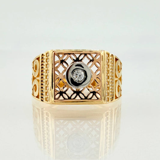 Anillo Sello Incrustado Detallado 5.85gr / T9 3/4 / Tres Oros 18K