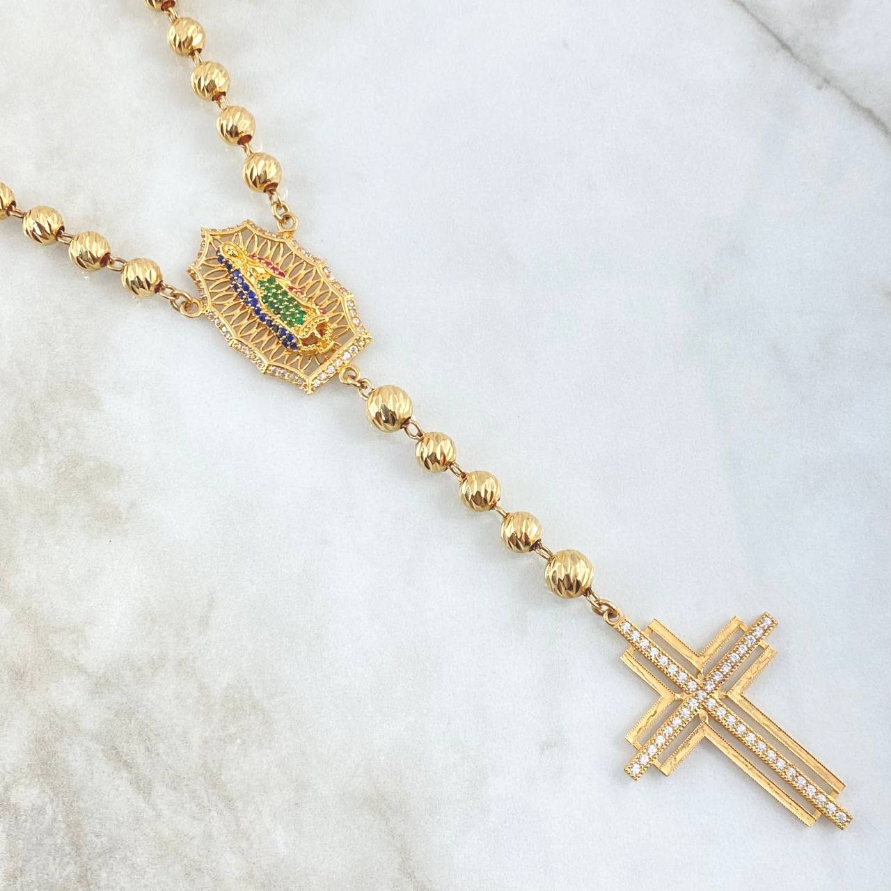Rosario Virgen Guadalupe 35.5gr / 60cm / 6mm-7mm  Bolas Diamantadas Circones Blancos Verde Fucsia Azules Oro Amarillo 18K