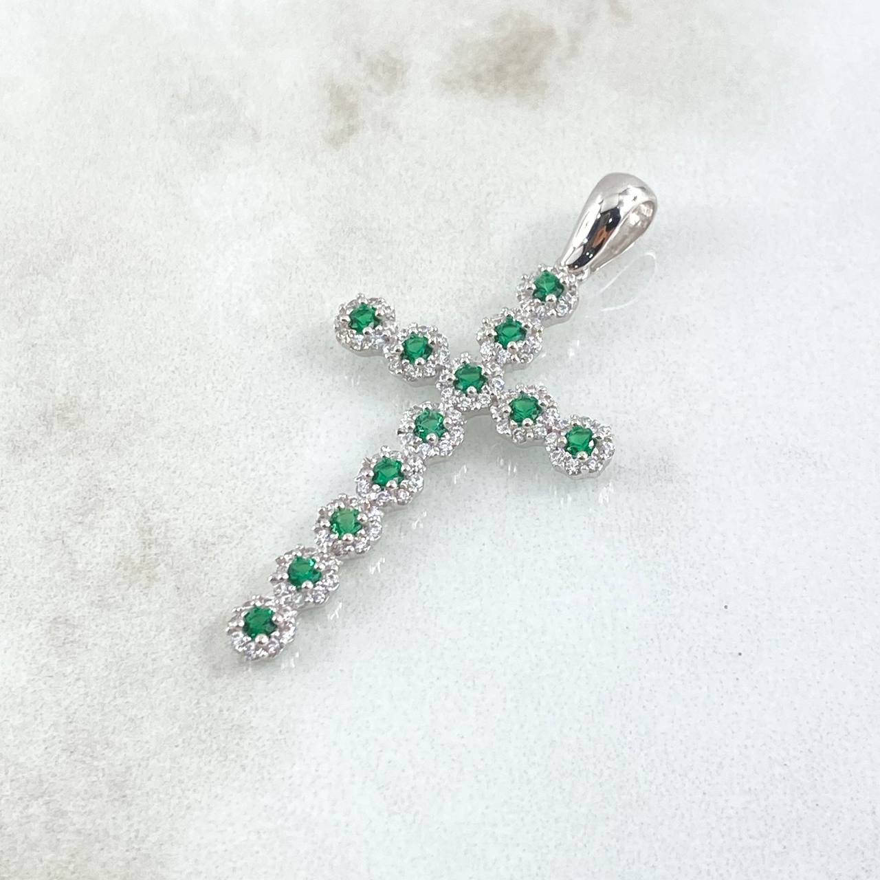 Dije Crúz Tupida 2.95gr / 4.2cm / Circones Blancos Verdes Oro Blanco 18K ©