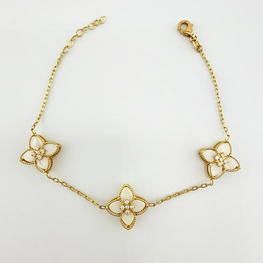 Pulso Aro Seguido Flor Real Nacar Blanco 5.95gr / 7 1/2 in / 14mm Oro Amarillo +4 18K *