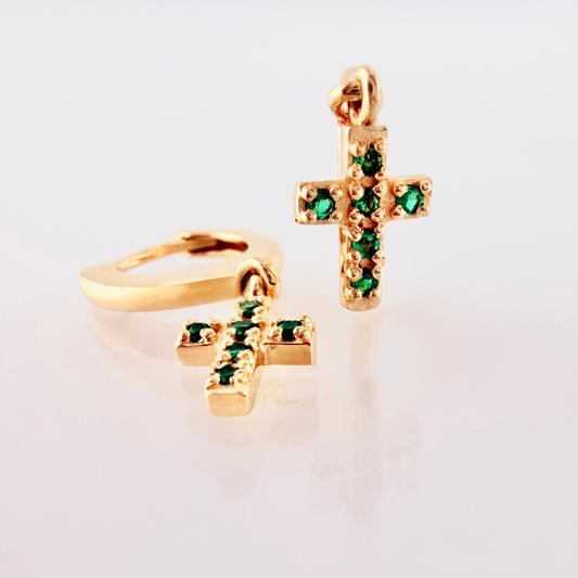 Candongas Cruz Colgante Esmeraldas 19pts 2.6gr / 3/4 in / Oro Amarillo 18K *