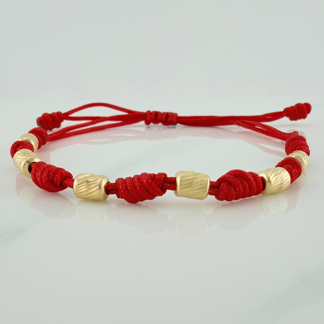 Pulsera Tejida Roja Cilindros Diamantados 0.65gr / 4mm Oro Amarillo 18K