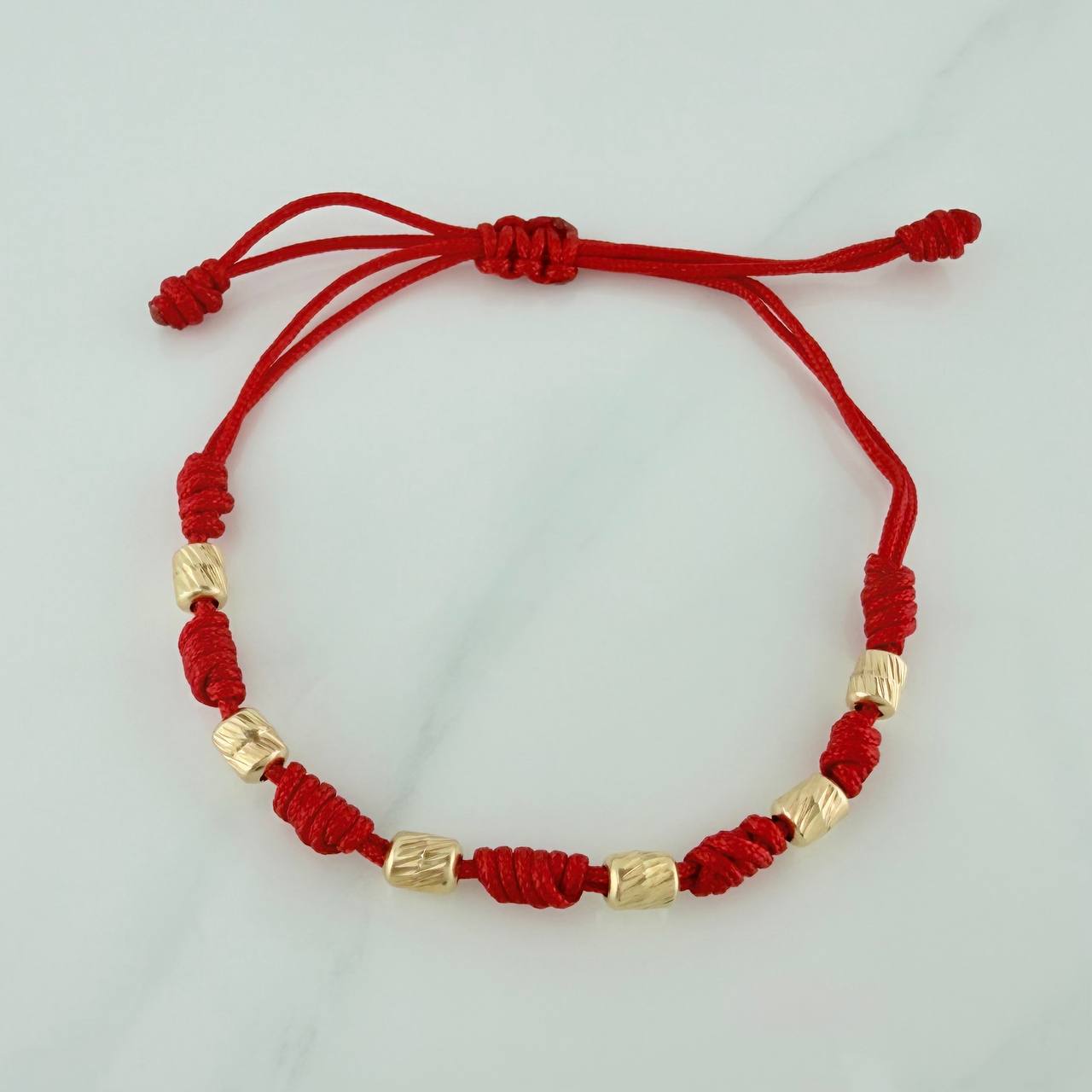 Pulsera Tejida Roja Cilindros Diamantados 0.65gr / 4mm Oro Amarillo 18K