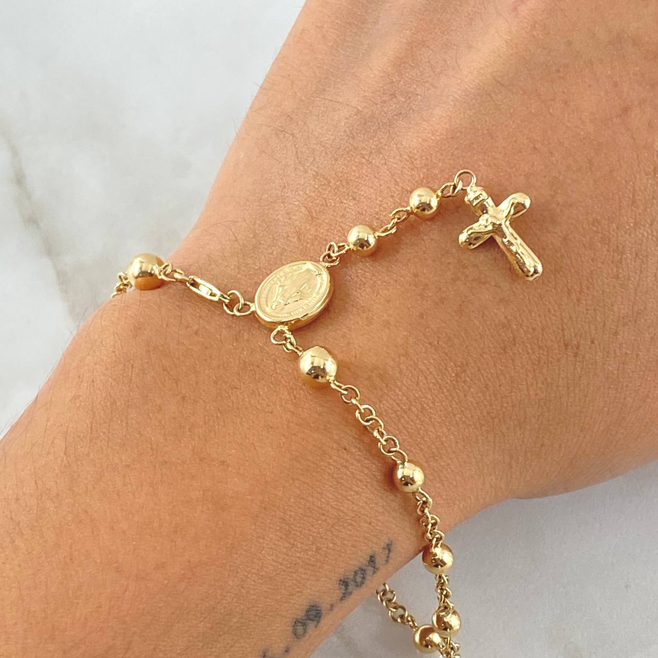 Pulso Denario Virgen Milagrosa Crúz 4.3gr / 19cm / Oro 18K