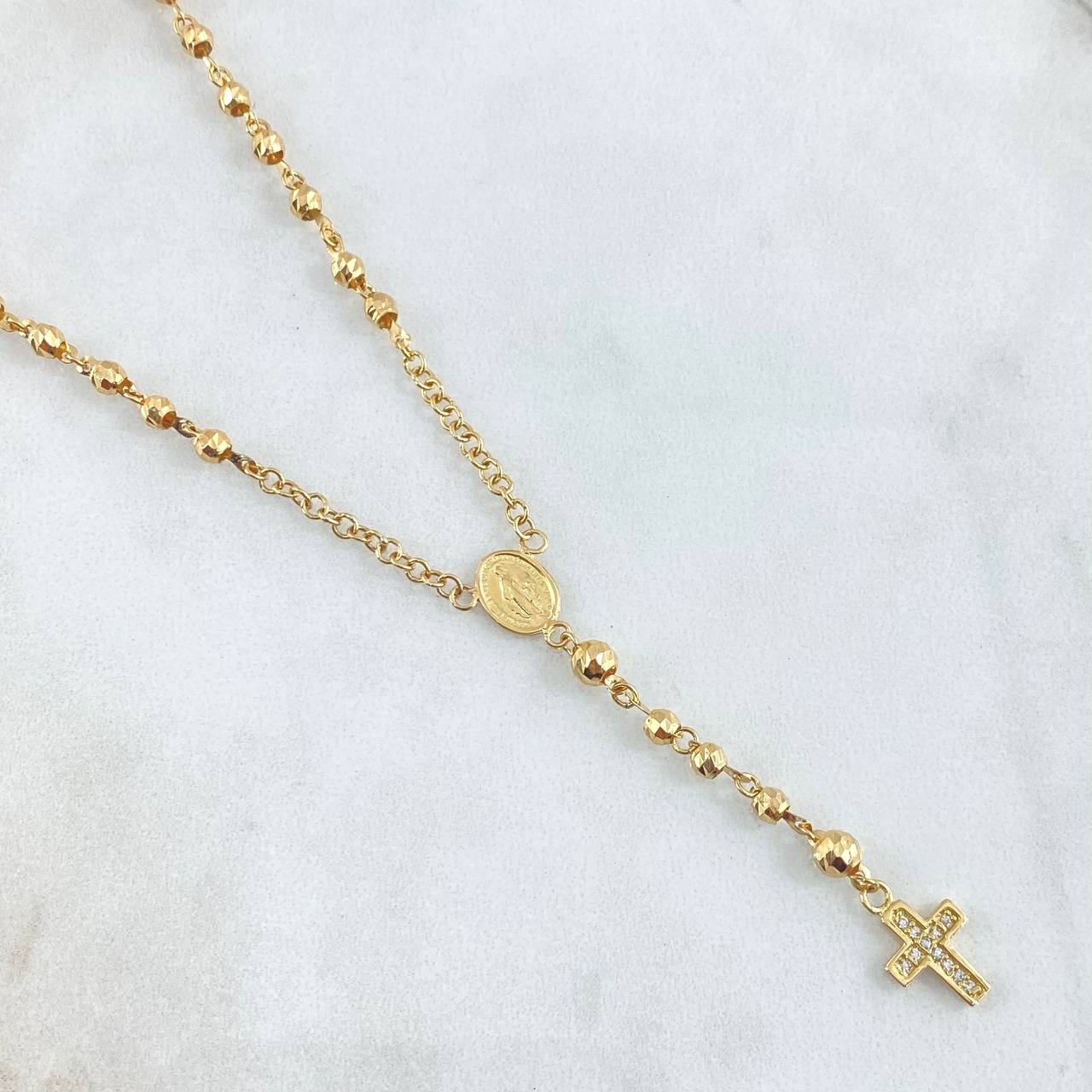 Rosario Virgen Milagrosa Crúz Marco 8.85gr / 55cm / 3mm-4mm Bolas Diamantadas Circones Blancos Oro Amarillo 18K
