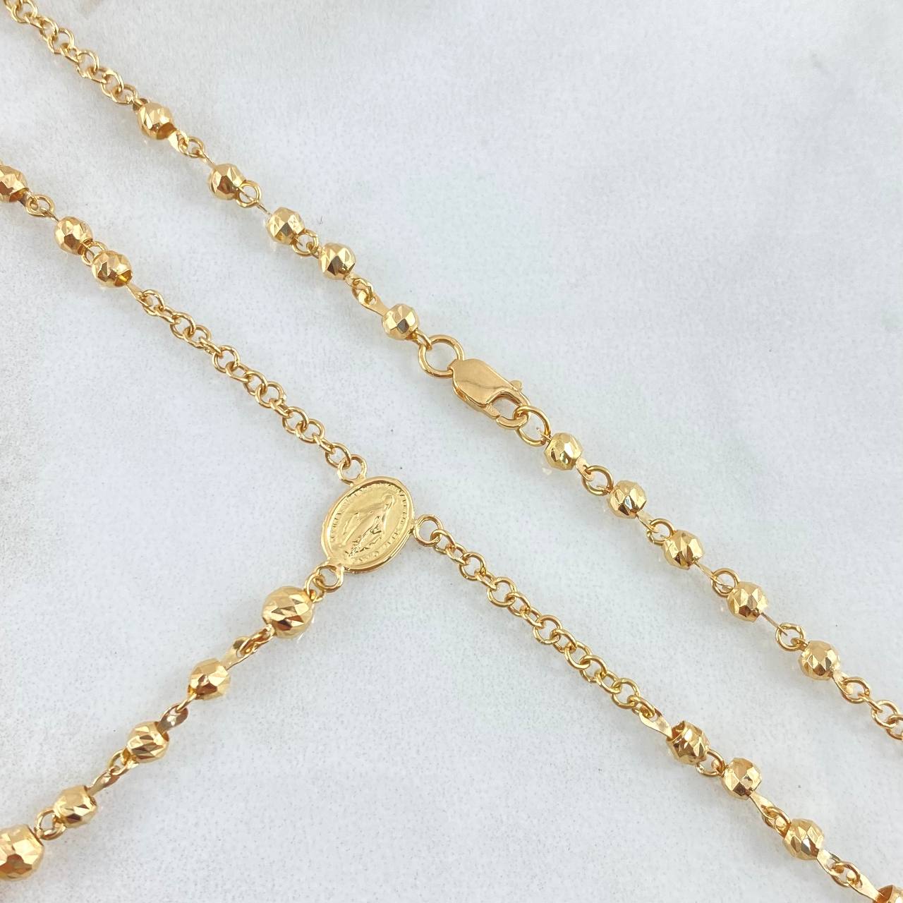 Rosario Virgen Milagrosa Crúz Marco 8.85gr / 55cm / 3mm-4mm Bolas Diamantadas Circones Blancos Oro Amarillo 18K