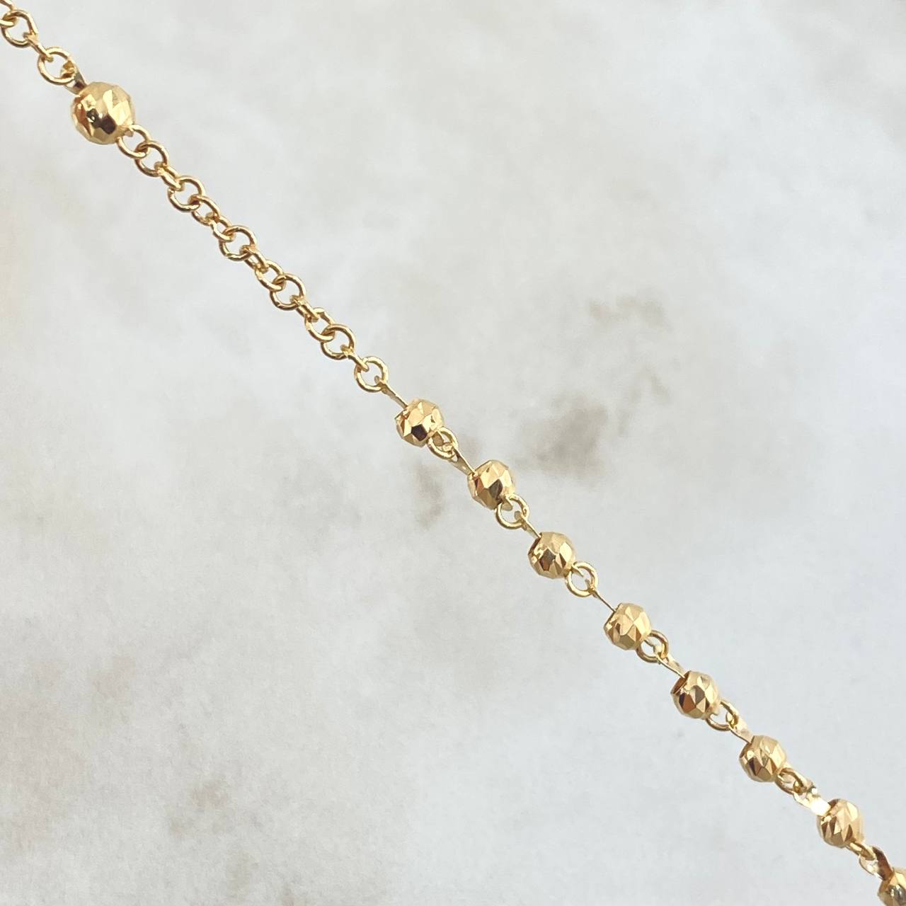 Rosario Virgen Milagrosa Crúz Marco 8.85gr / 55cm / 3mm-4mm Bolas Diamantadas Circones Blancos Oro Amarillo 18K