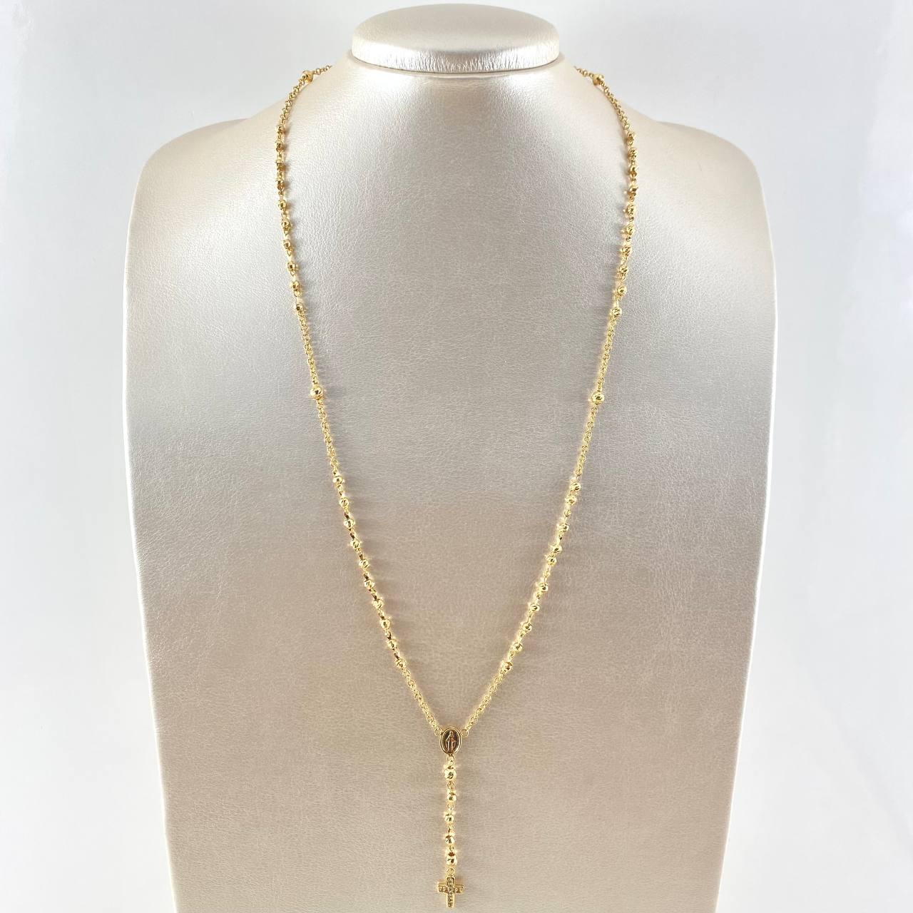 Rosario Virgen Milagrosa Crúz Marco 8.85gr / 55cm / 3mm-4mm Bolas Diamantadas Circones Blancos Oro Amarillo 18K