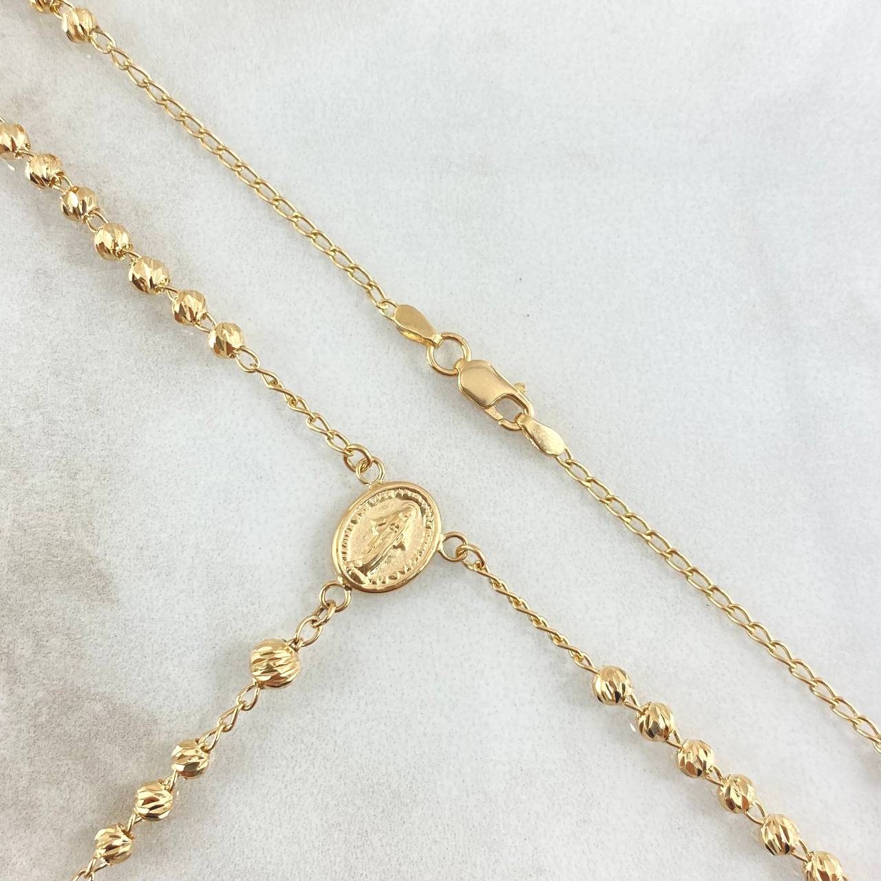 Rosario Virgen Milagrosa 7.75gr / 50cm / 3mm-4mm Bolas Diamantadas Crúz Lisa Oro Amarillo 18K