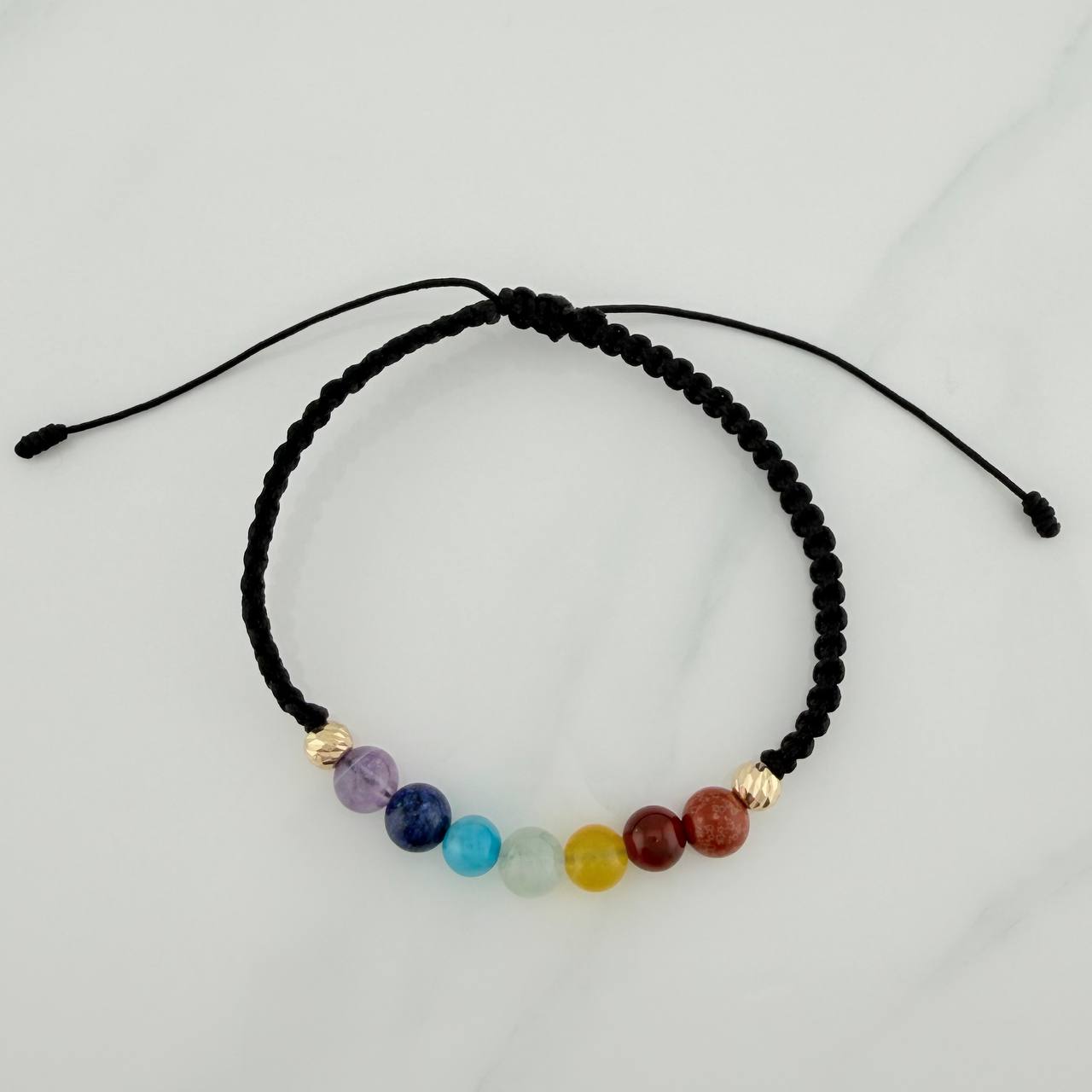 Pulsera Tejida Negra 7Chakras Bolas Diamantas 2Uni Oro Amarillo 18K