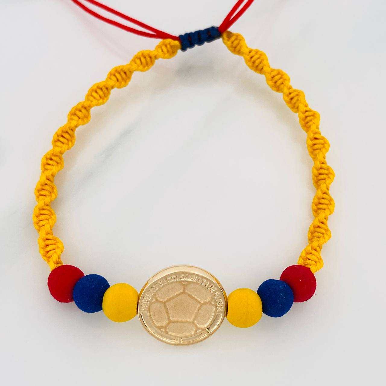 Pulsera Tejida Tricolor Herraje Balon Oro Amarillo 18K