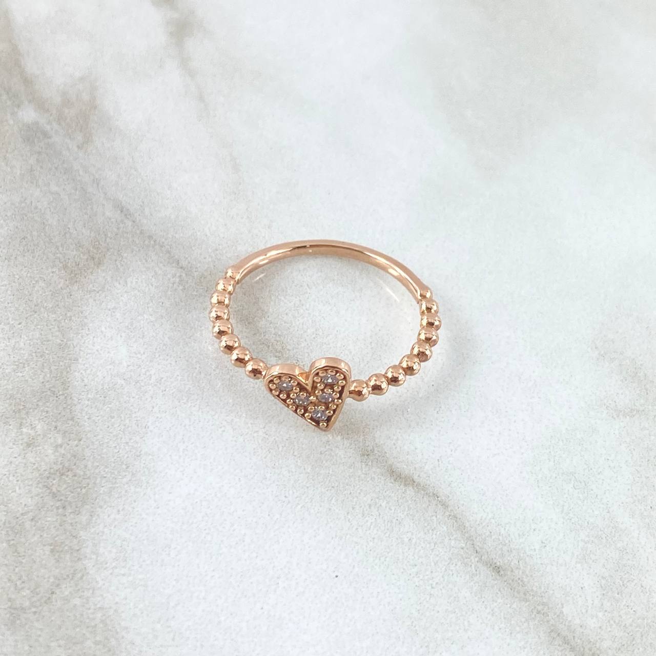 Heart Beads Ring 2.05gr / Size 6 1/4 / White Zircons 18K Rose Gold