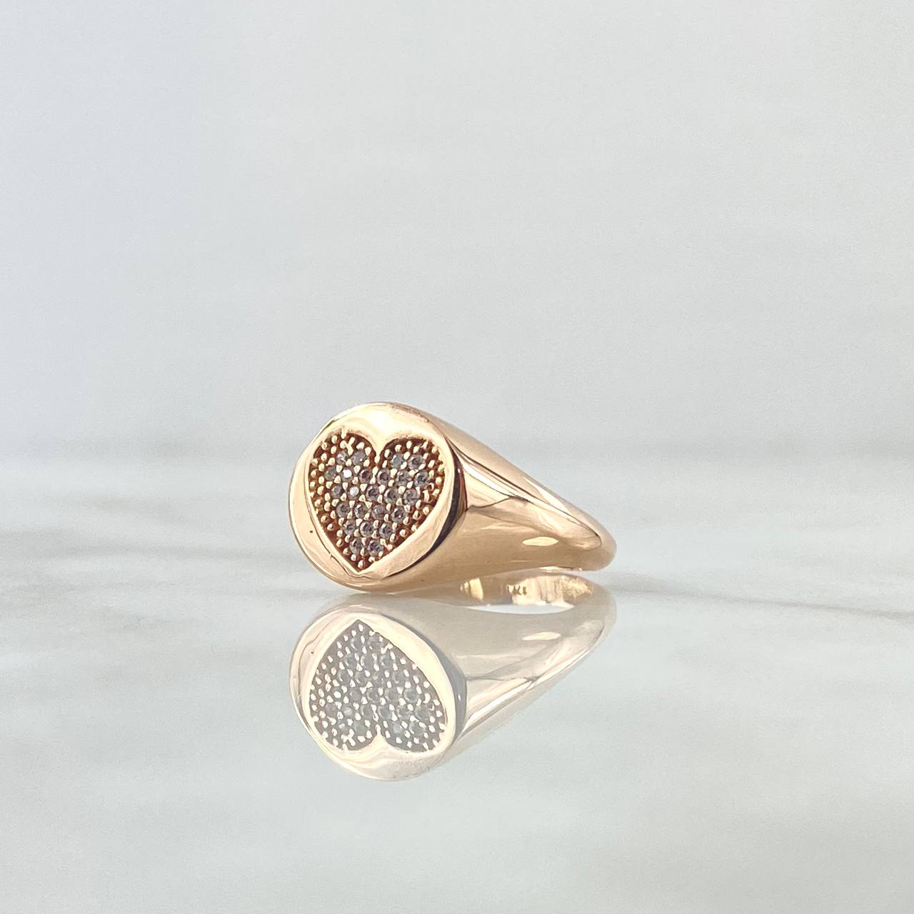 Dense Heart Signet Ring 3.2gr / Size 5 3/4 / White Zircons 18K Rose Gold