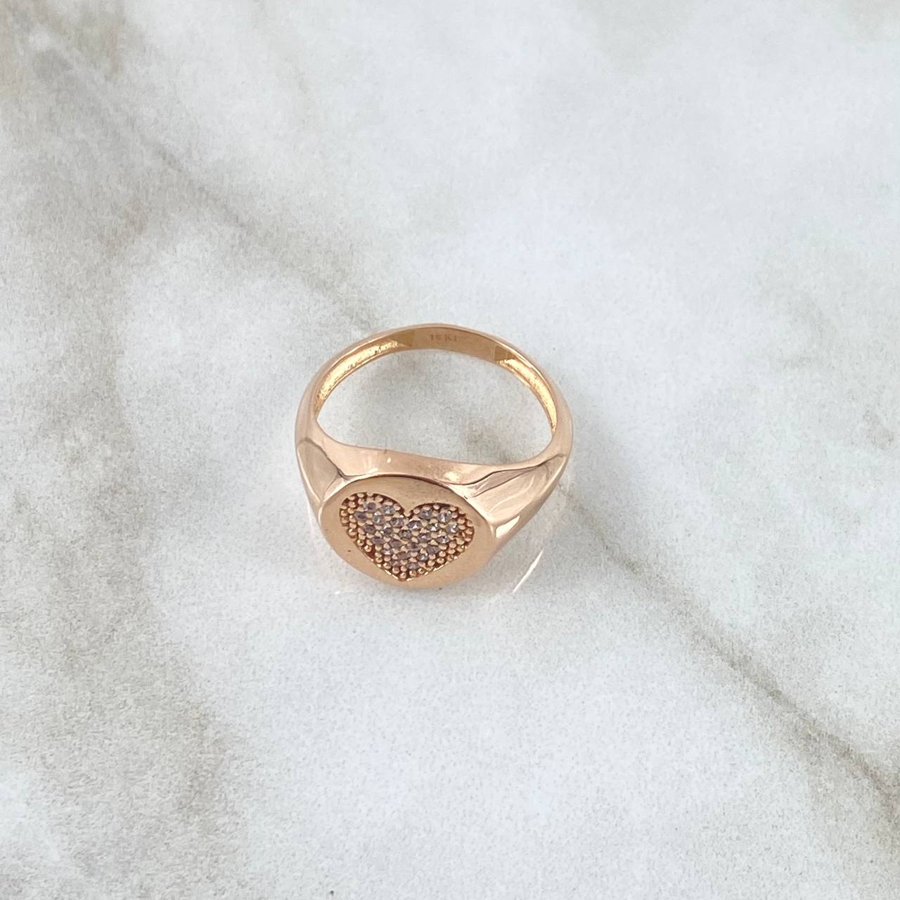 Dense Heart Signet Ring 3.2gr / Size 5 3/4 / White Zircons 18K Rose Gold