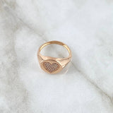 Dense Heart Signet Ring 3.2gr / Size 5 3/4 / White Zircons 18K Rose Gold