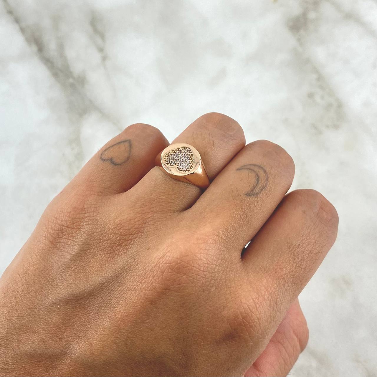 Dense Heart Signet Ring 3.2gr / Size 5 3/4 / White Zircons 18K Rose Gold