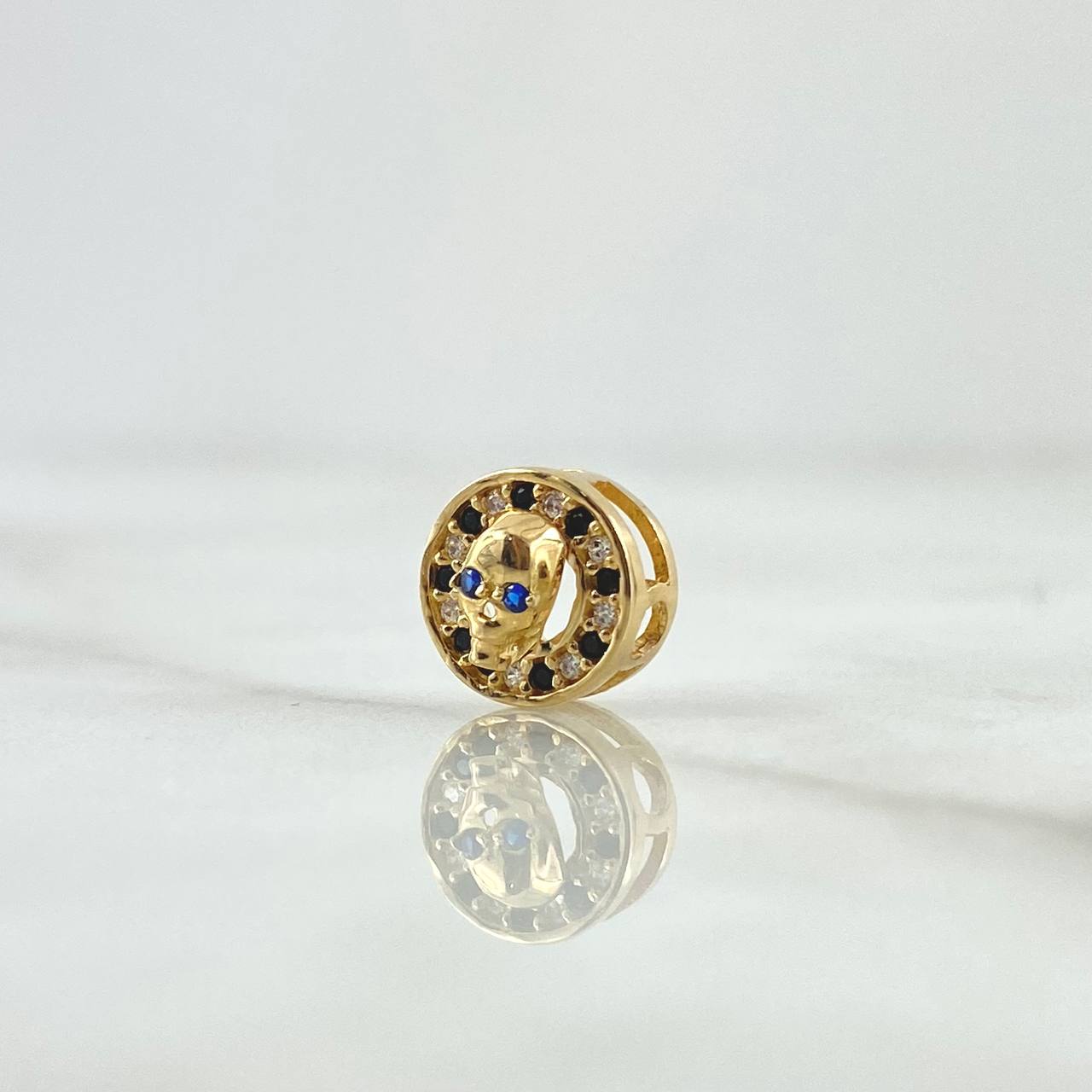 Charm Skull In Hoop 1gr / 1cm / White Zircons. Black And Blue 18K Yellow Gold ©