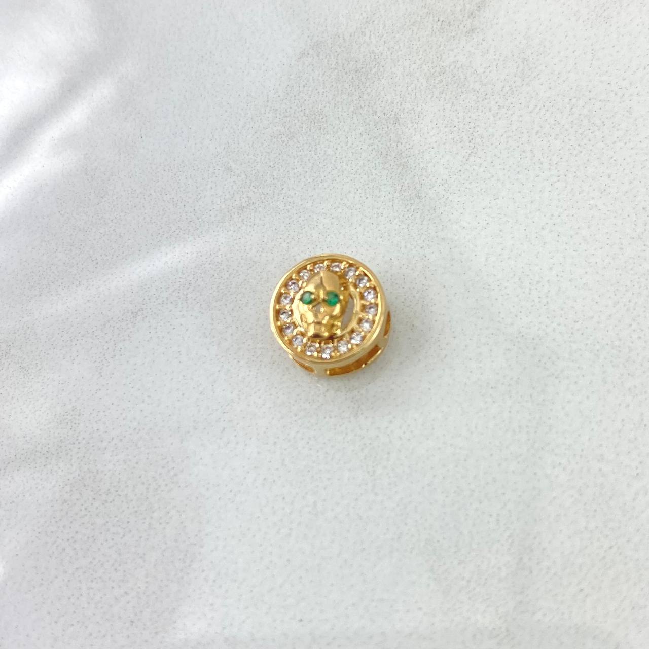 Charm Skull In Hoop 1.1gr / 1cm / White And Green Zircons 18K Yellow Gold ©