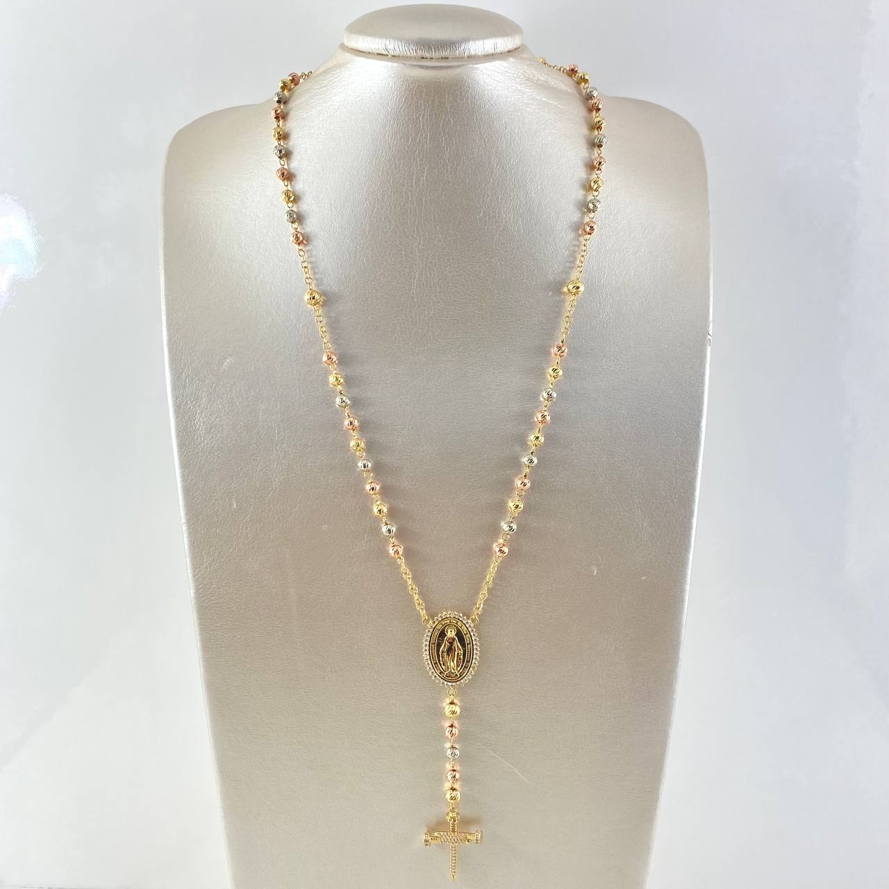 Rosary Rosario Virgin Miraculous Cross Nail 21gr / 60cm / 5mm-6mm White Zircons Three 18K Golds ©