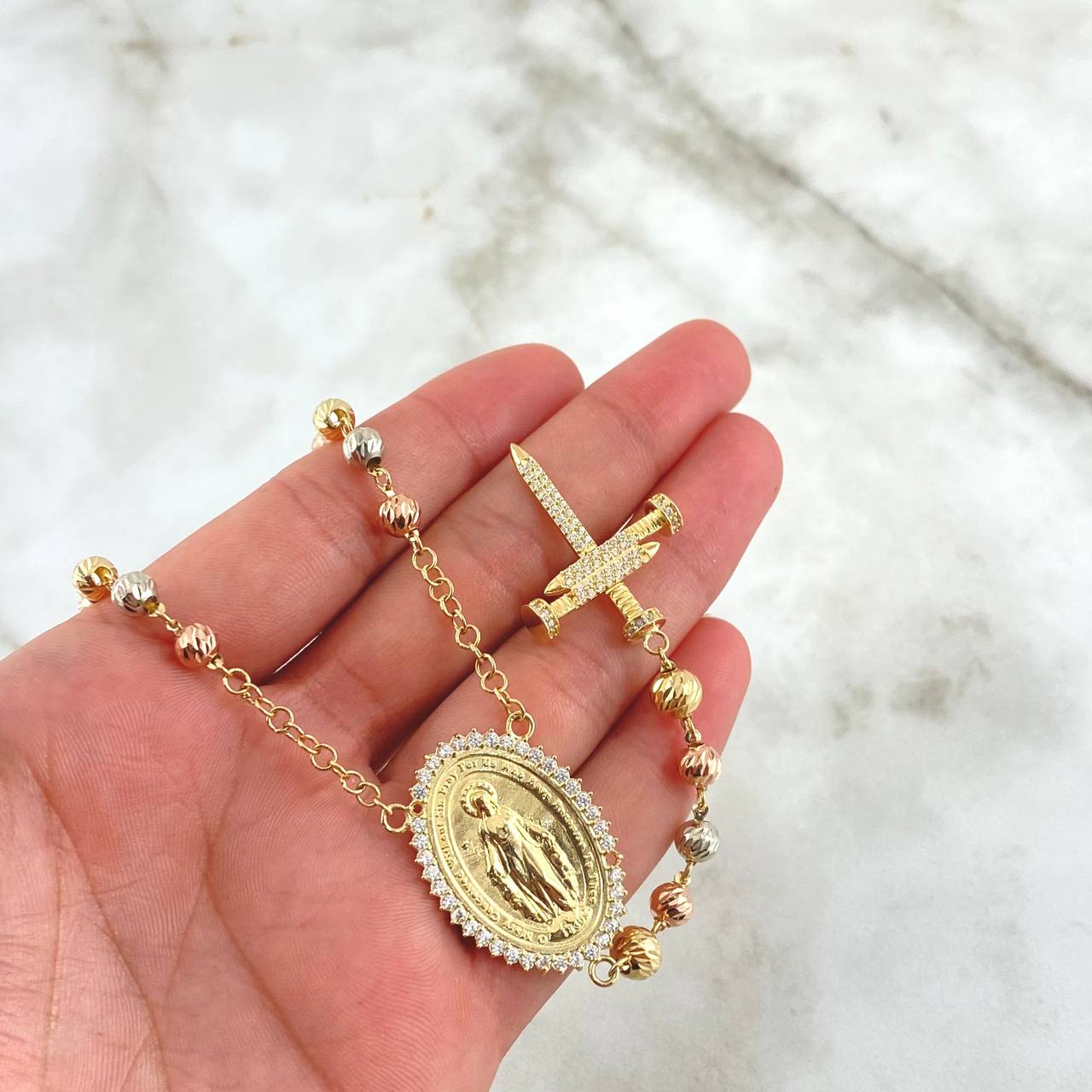 Rosary Rosario Virgin Miraculous Cross Nail 21gr / 60cm / 5mm-6mm White Zircons Three 18K Golds ©