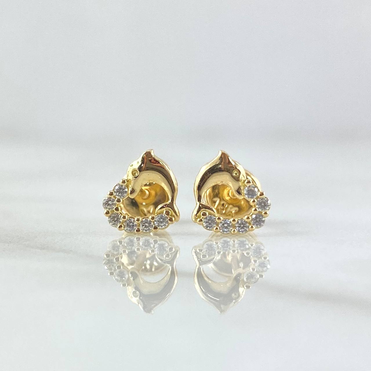 Stud Earrings Heart Dolphin 0.85gr / 6mm White Zircons 18K Yellow Gold *