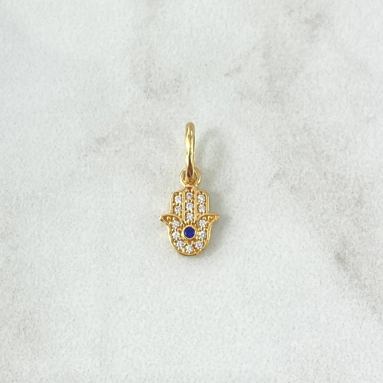 Dije Mano Hamsa 0.65gr / 1.5cm / Circones Blancos Y Azul Oro Amarillo 18K