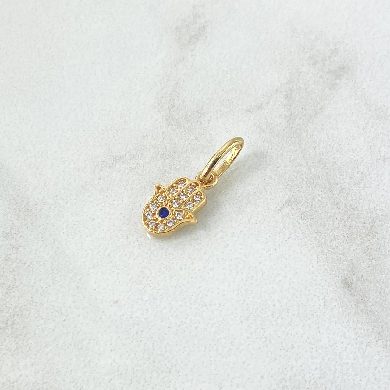 Dije Mano Hamsa 0.65gr / 1.5cm / Circones Blancos Y Azul Oro Amarillo 18K