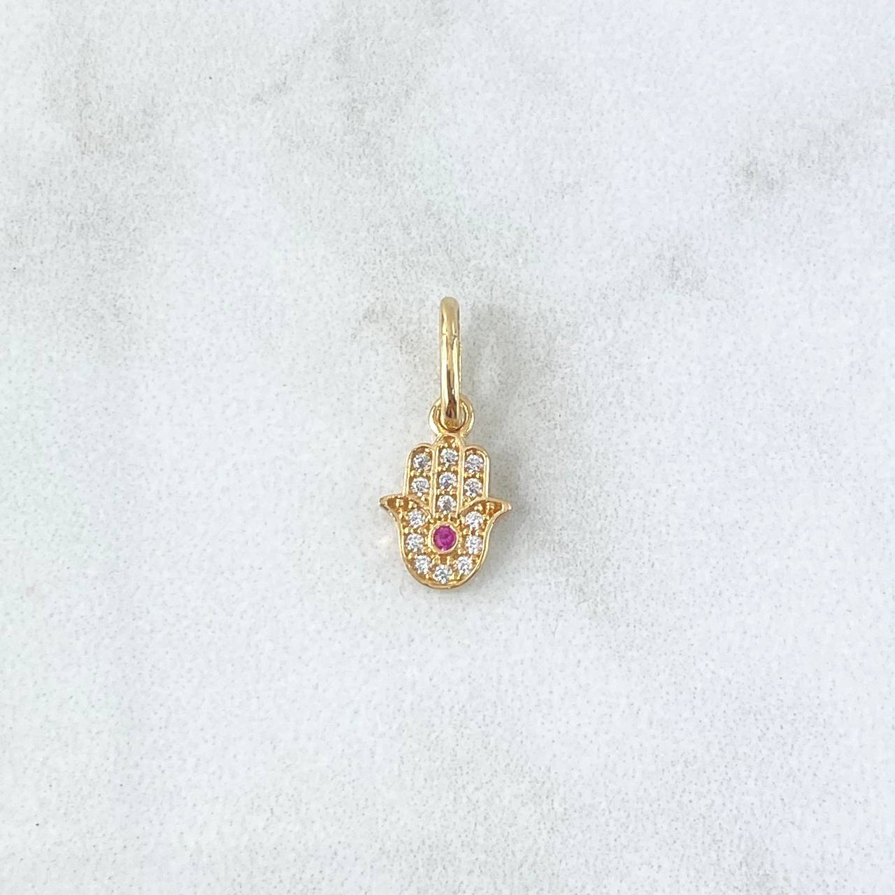 Dije Mano Hamsa 0.65gr / 1.5cm / Circones Blancos Y Fucsia Oro Amarillo 18K