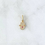 Pendant Hamsa Hand 0.75gr / 1.5cm / White and Fuchsia Zircons 18K Yellow Gold