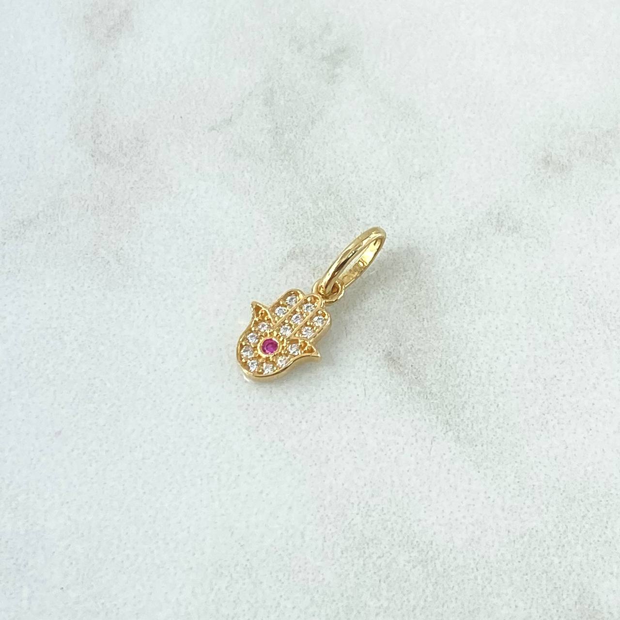 Pendant Hamsa Hand 0.75gr / 1.5cm / White and Fuchsia Zircons 18K Yellow Gold