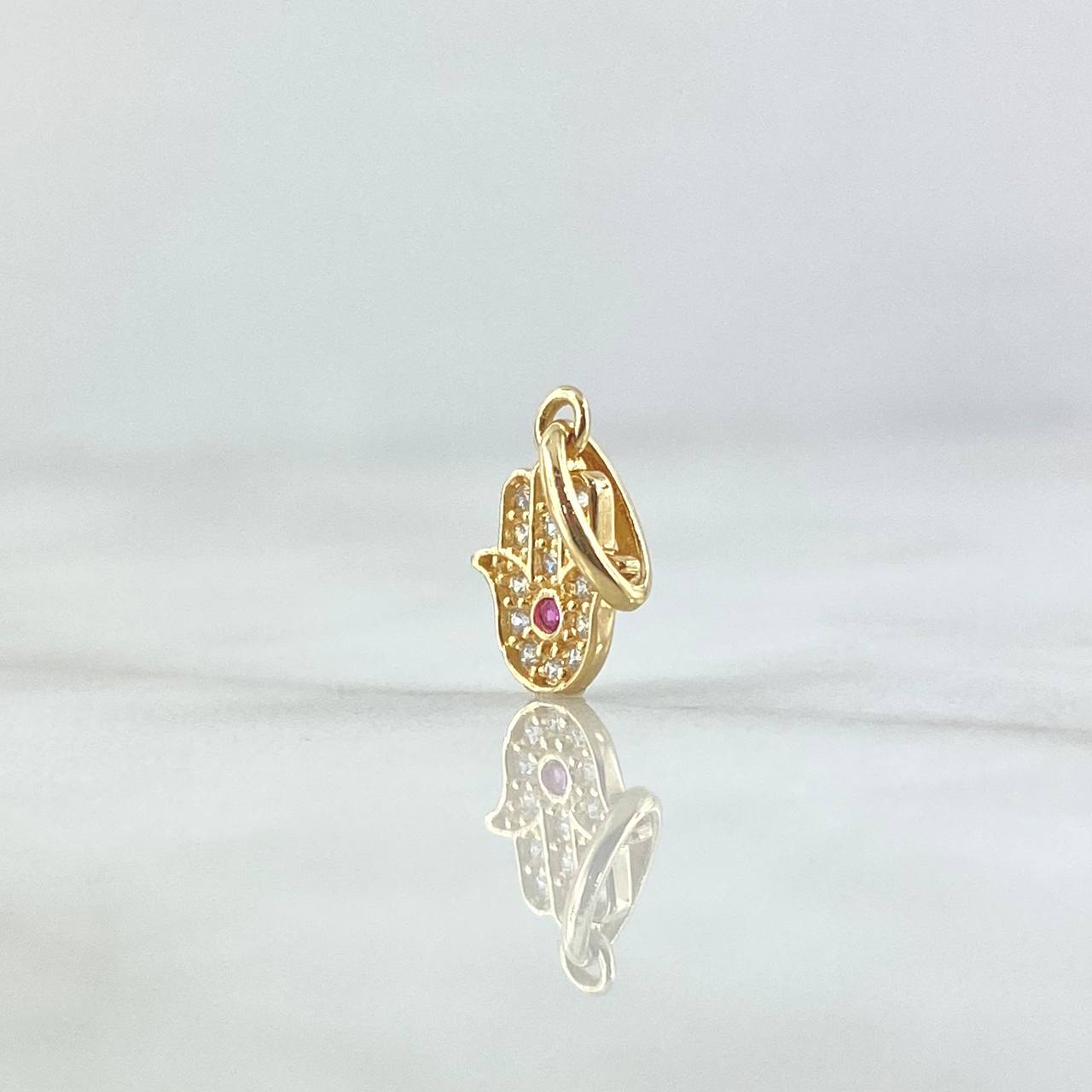 Pendant Hamsa Hand 0.75gr / 1.5cm / White and Fuchsia Zircons 18K Yellow Gold