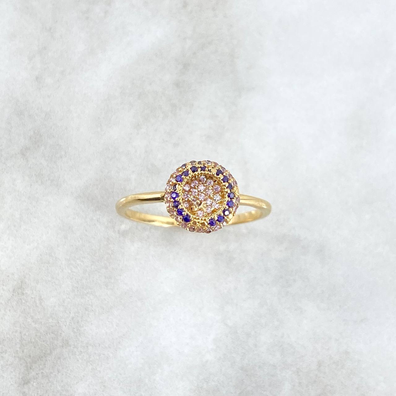 Dense Halo Ring 1.95gr / Size 7 1/2 / White-Purple Zircons Yellow Gold