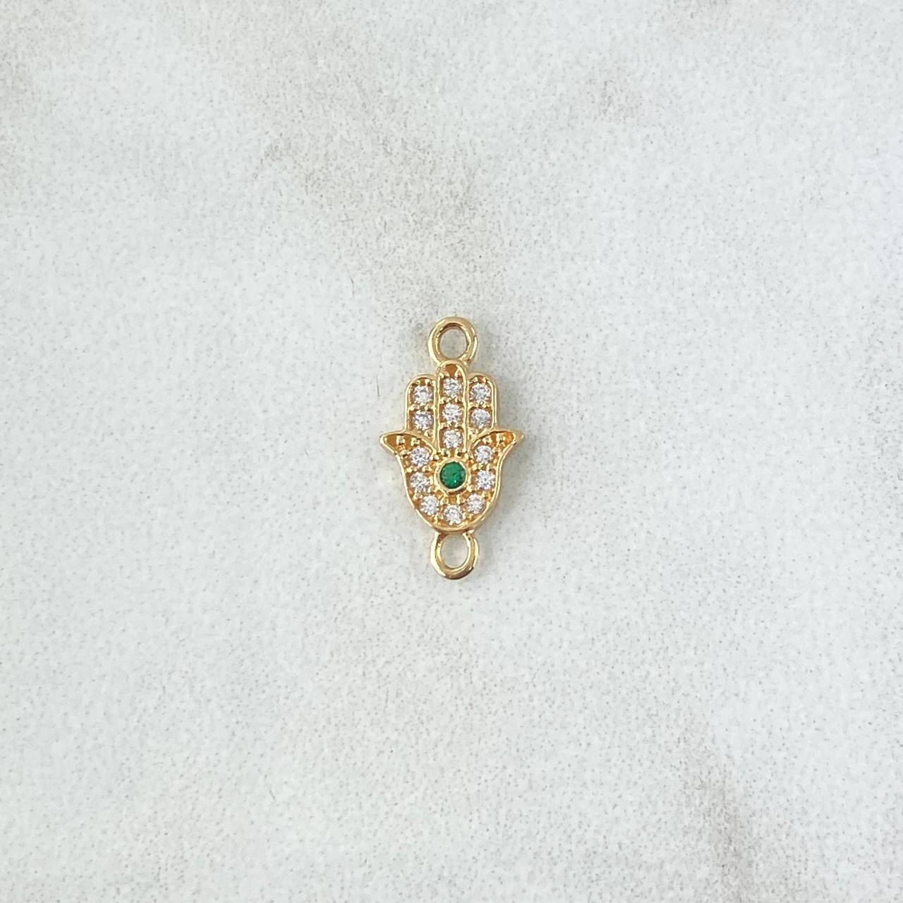 Charm Hamsa Hand 0.55gr / 1.4cm / White Zircons And 18K Yellow Gold Green