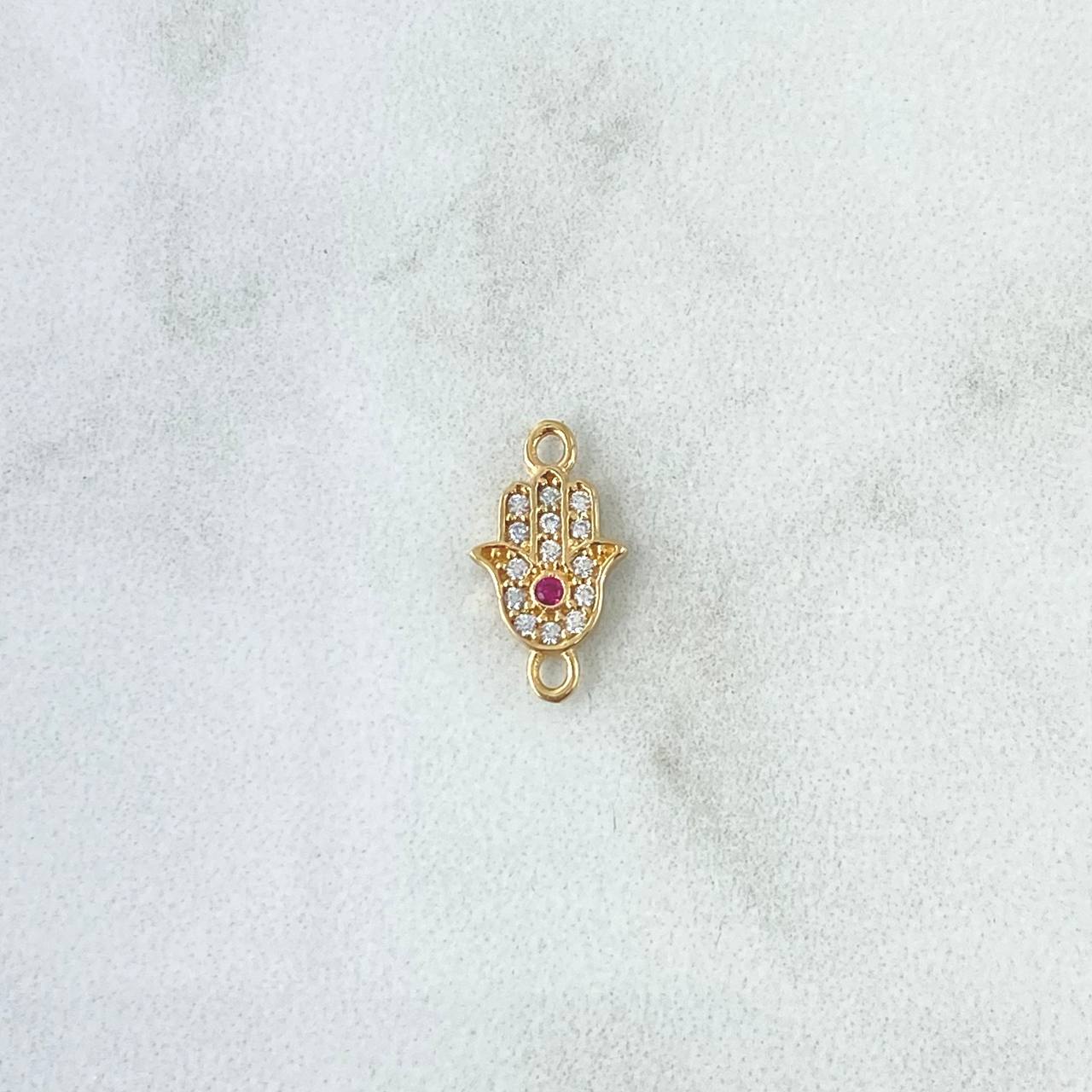 Charm Hamsa Hand 0.5gr / 1.4cm / White and Fuchsia Zircons 18K Yellow Gold