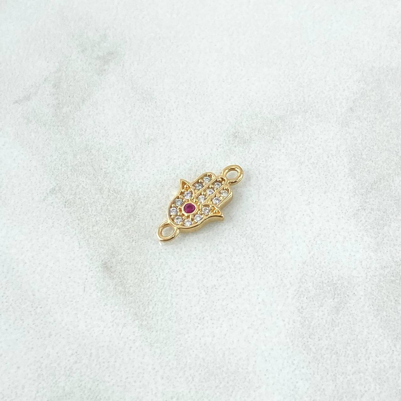 Charm Hamsa Hand 0.45gr / 1.4cm / White and Fuchsia Zircons 18K Yellow Gold