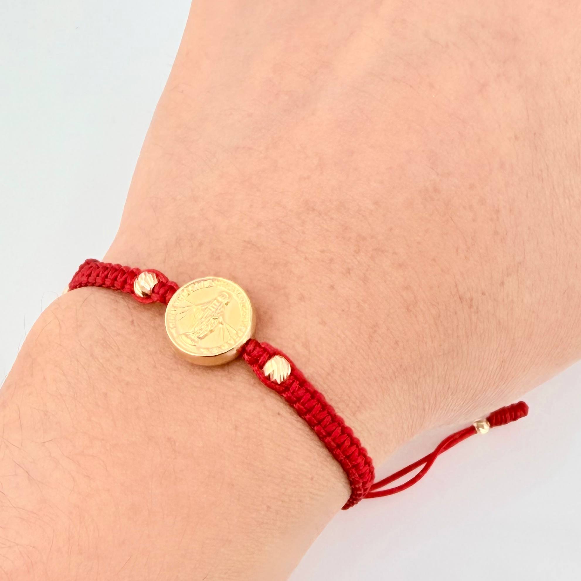 Pulsera Roja Virgen Milagrosa 3mm-4mm 4 Und Bolas Diamantad Oro Amarillo 18K (A.C)