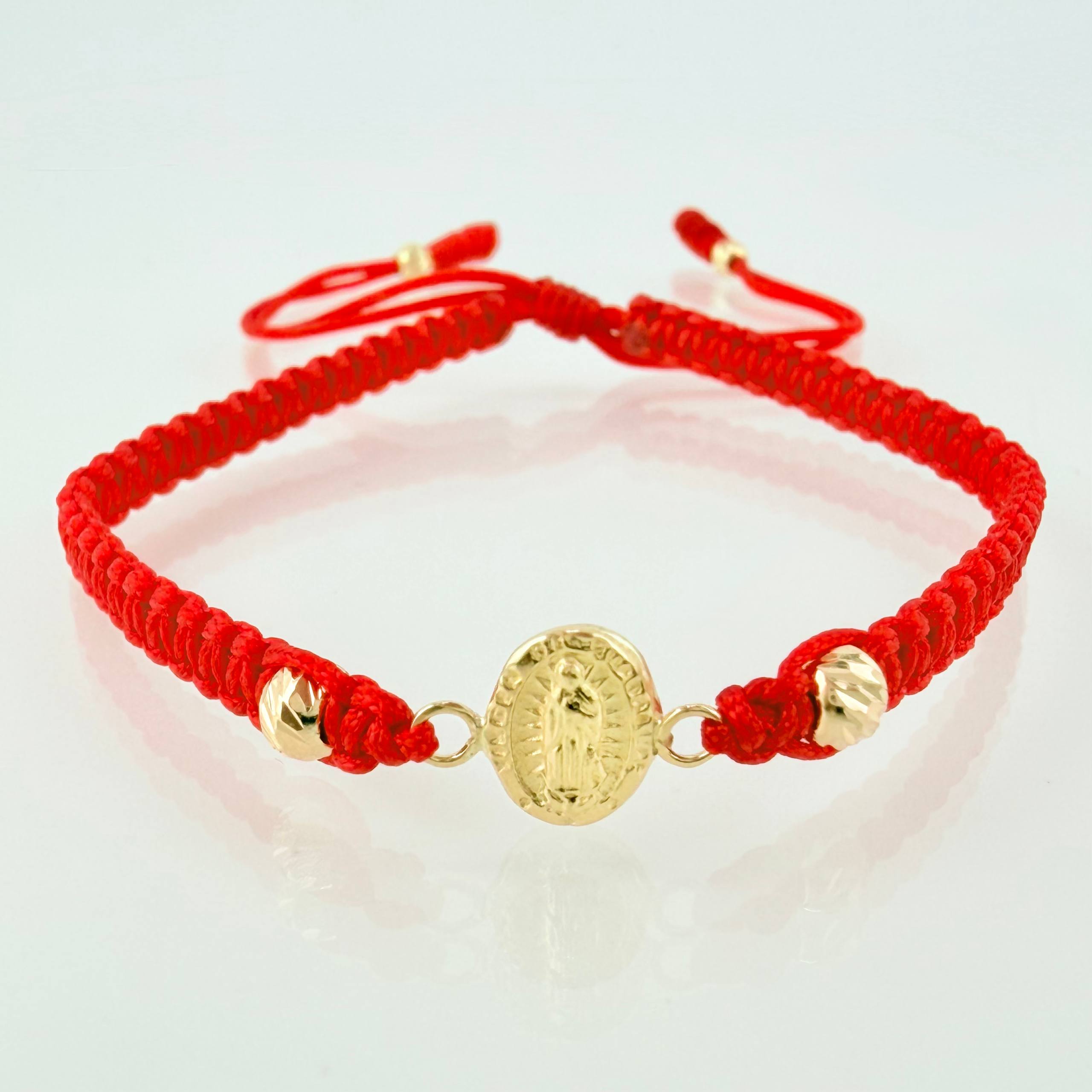 Pulsera Roja Virgen Guadalupe 3mm-4mm 4 Und Bolas Diamantada Oro Amarillo 18K (A.C)
