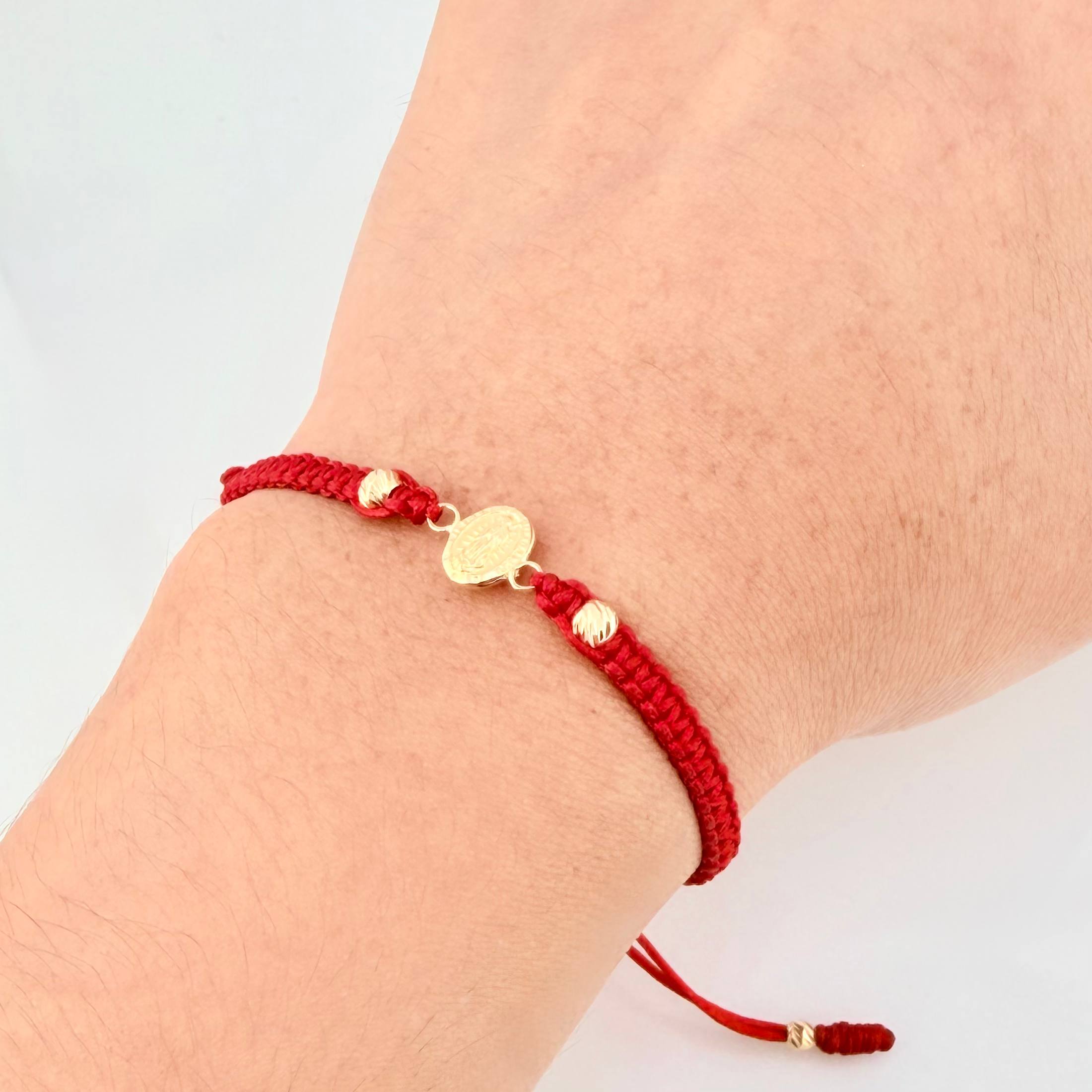 Pulsera Roja Virgen Guadalupe 3mm-4mm 4 Und Bolas Diamantada Oro Amarillo 18K (A.C)
