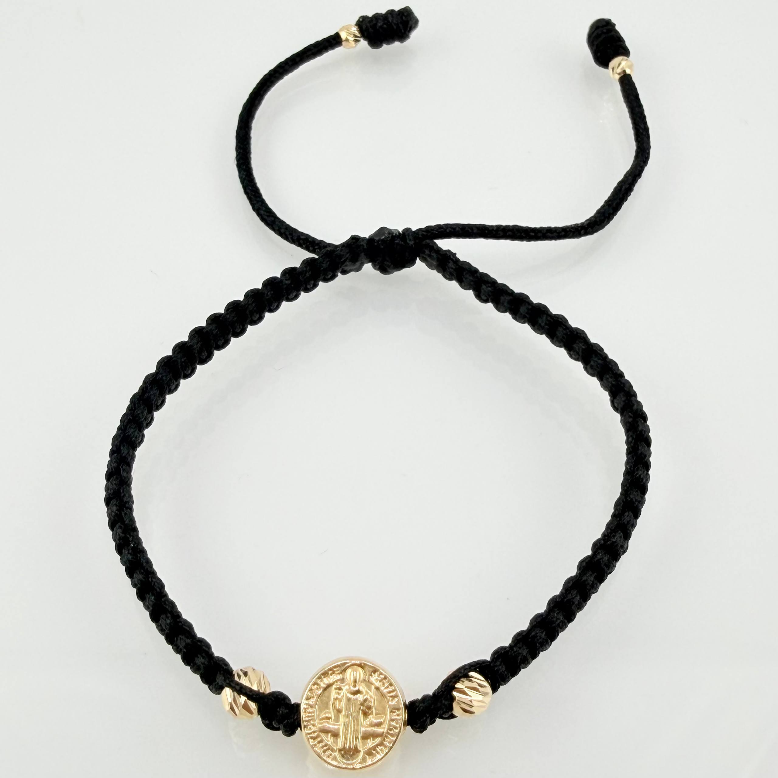 Pulsera Negra San Benito 3mm-4mm 4 Und Bolas Diamantadas Oro Amarillo 18K (A.C)