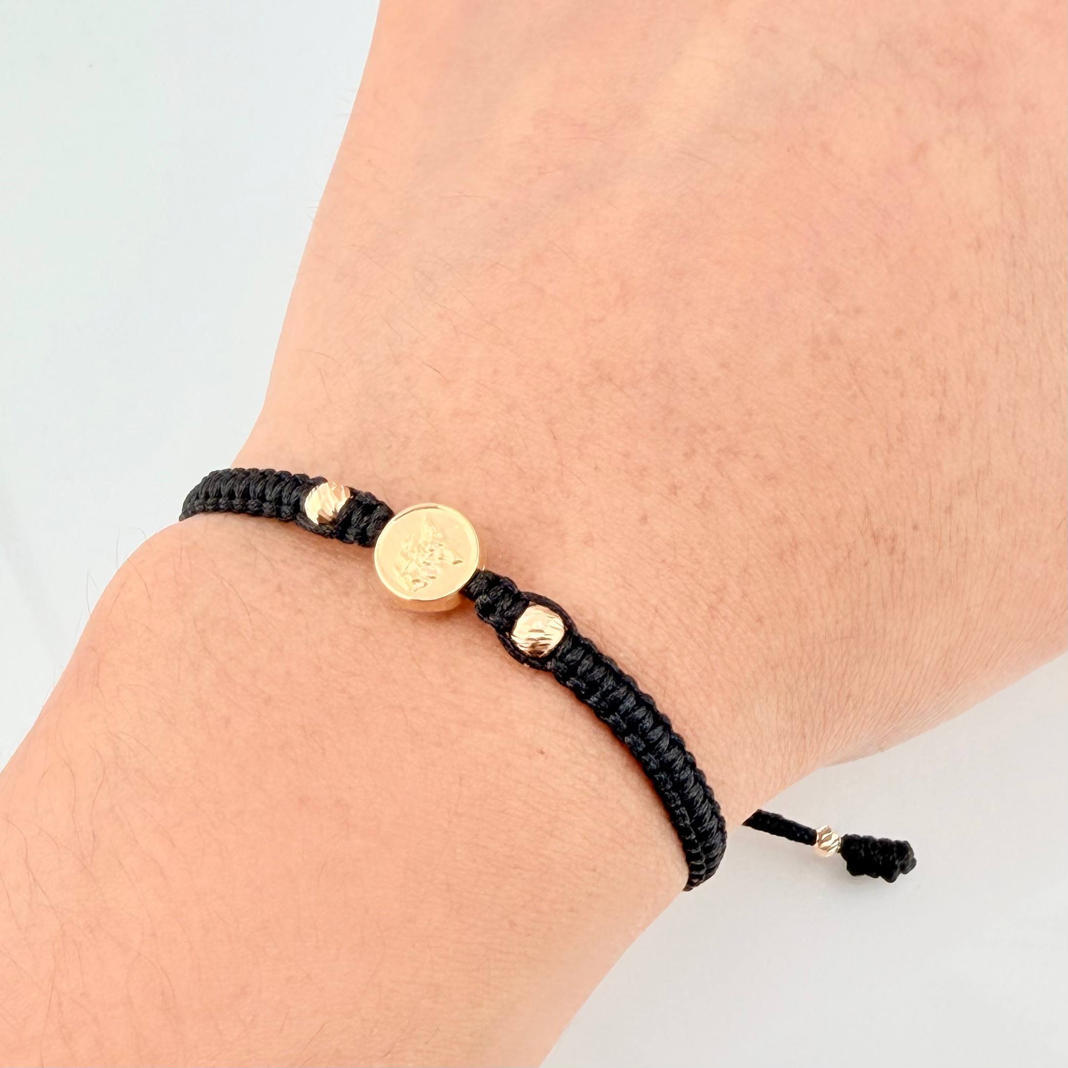 Pulsera Negra San Miguel 3mm-4mm 4 Und Bolas Diamantadas Oro Amarillo 18K (A.C)