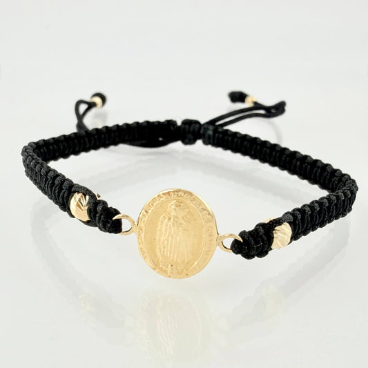 Pulsera Negra Virgen Guadalupe 3mm-4mm 4 Und Bolas Diamantada Oro Amarillo 18K (A.C)