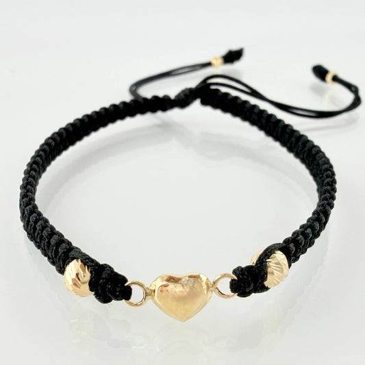 Pulsera Negra Corazon 3mm-4mm 4 Und Bolas Diamantada Oro Amarillo 18K (A.C)