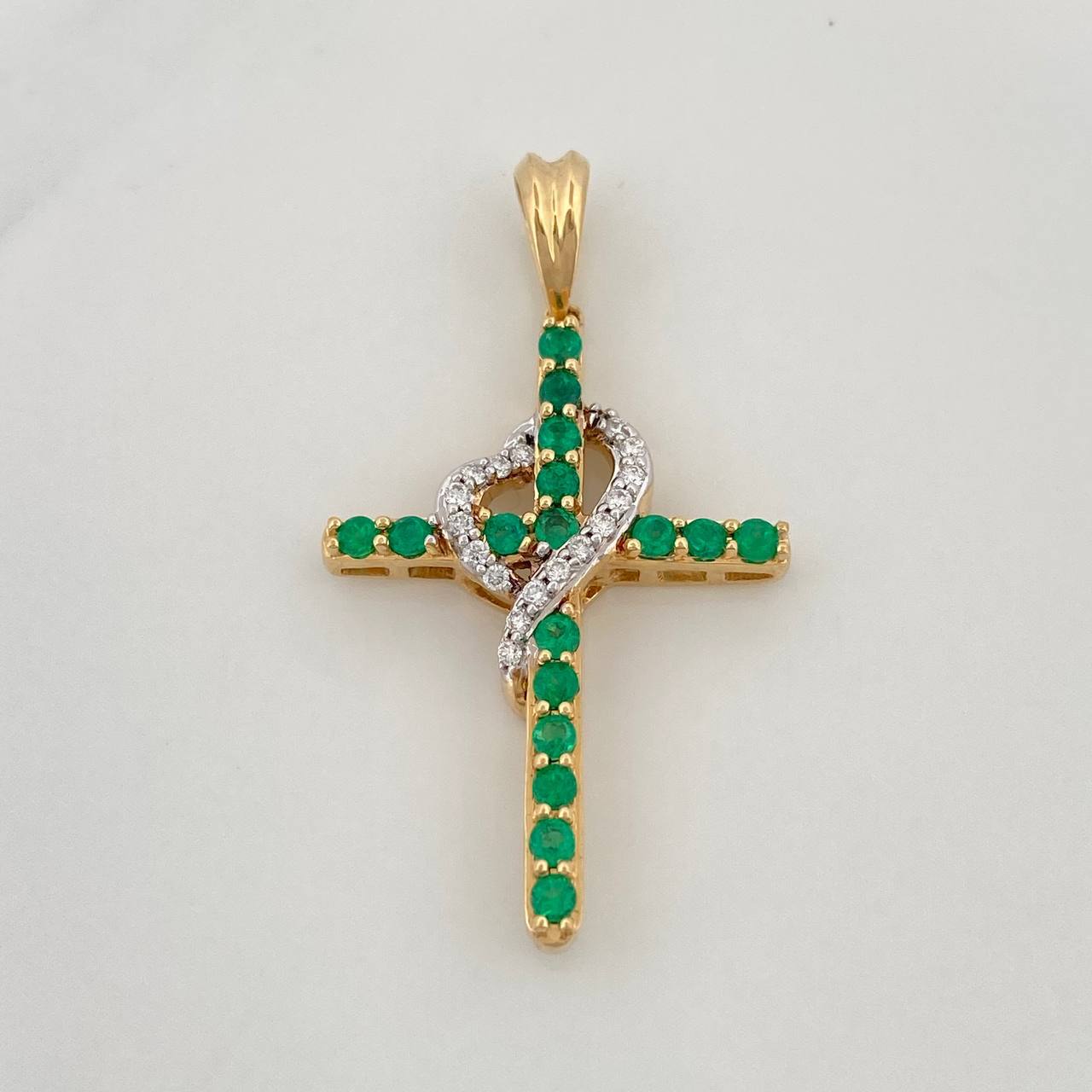 Pendant Cross Heart Emeralds 1.20Qts Diamonds 50Pts 3 g / 1 1/2 in Two Golds Yellow White 18K