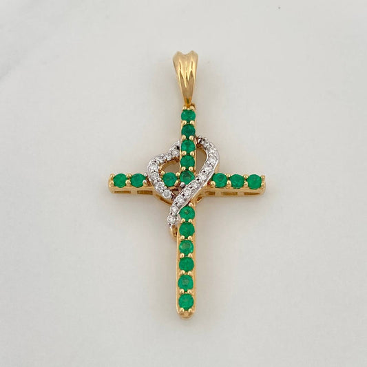 Pendant Cross Heart Emeralds 1.20Qts Diamonds 50Pts 3 g / 1 1/2 in Two Golds Yellow White 18K