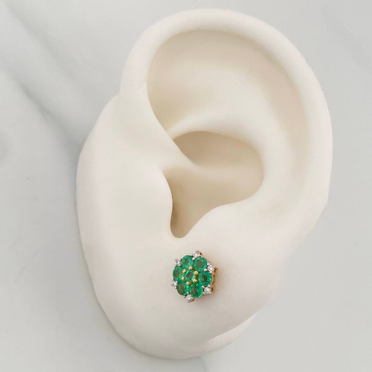 Stud Earrings Flower 14 Emeralds 62Pts 12 Diamonds 07Pts 2.2 g / in / 7.5 mm Two Yellow White Gold 18K