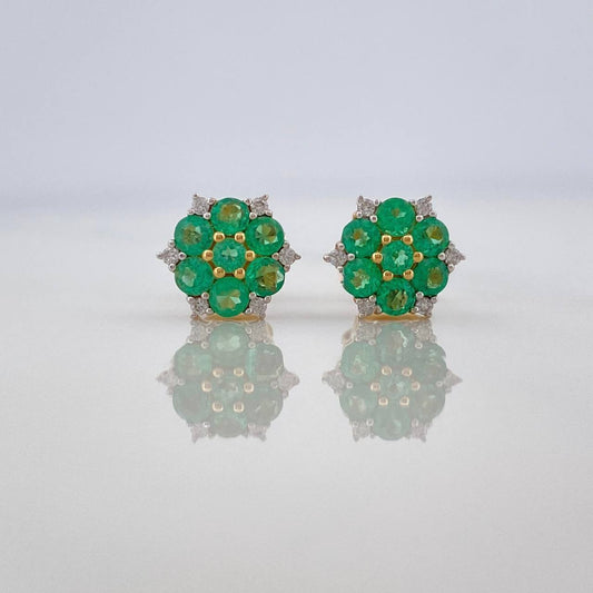 Stud Earrings Flower 14 Emeralds 62Pts 12 Diamonds 07Pts 2.2 g / in / 7.5 mm Two Yellow White Gold 18K