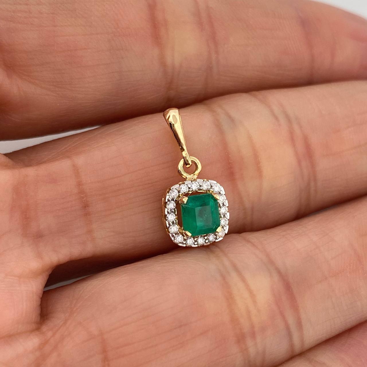 Square Halo Pendant Emerald 46Pts 16 Diamonds 11Pts 1.2 g / 3/4 in Two Yellow White Golds 18K