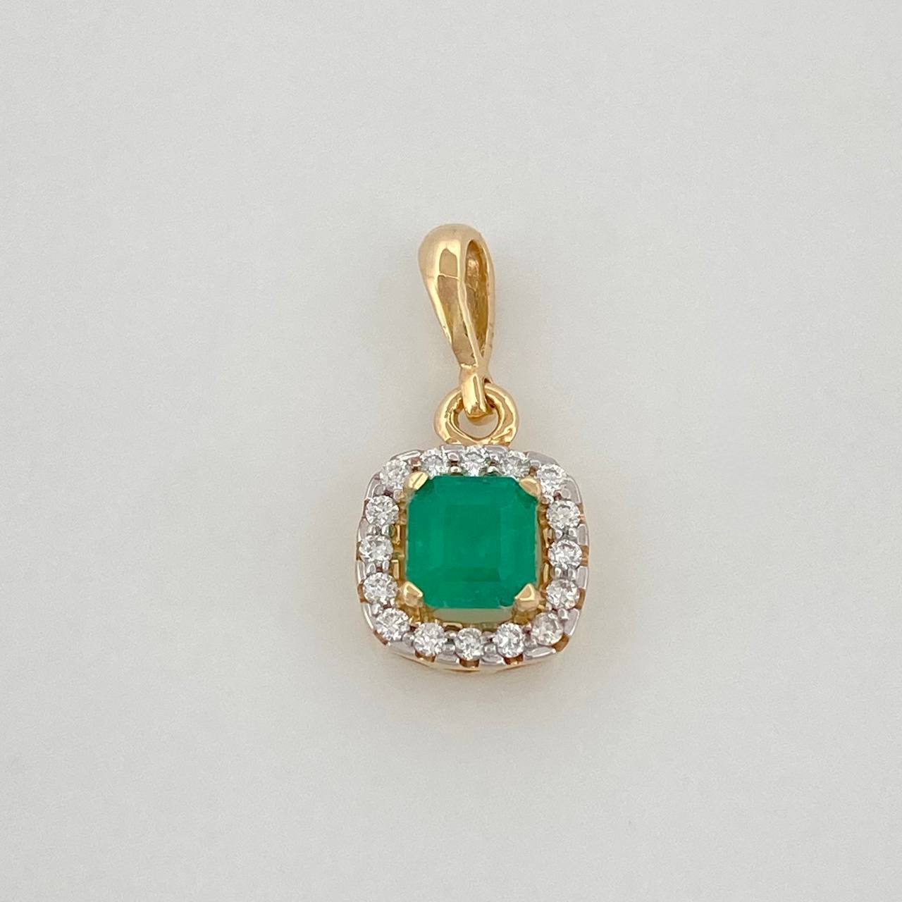 Square Halo Pendant Emerald 46Pts 16 Diamonds 11Pts 1.2 g / 3/4 in Two Yellow White Golds 18K