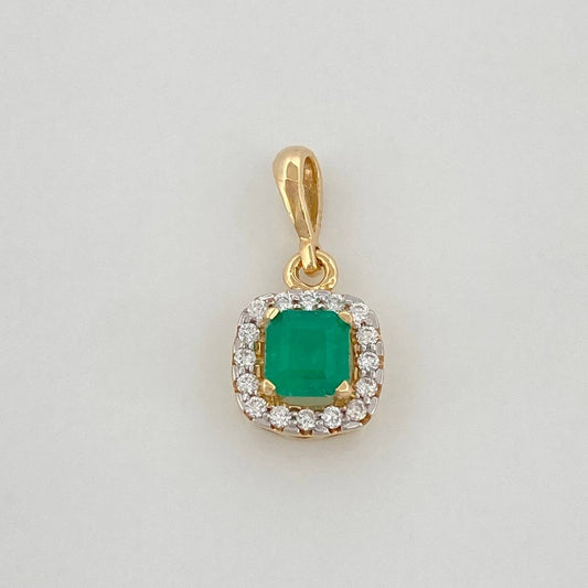 Square Halo Pendant Emerald 46Pts 16 Diamonds 11Pts 1.2 g / 3/4 in Two Yellow White Golds 18K