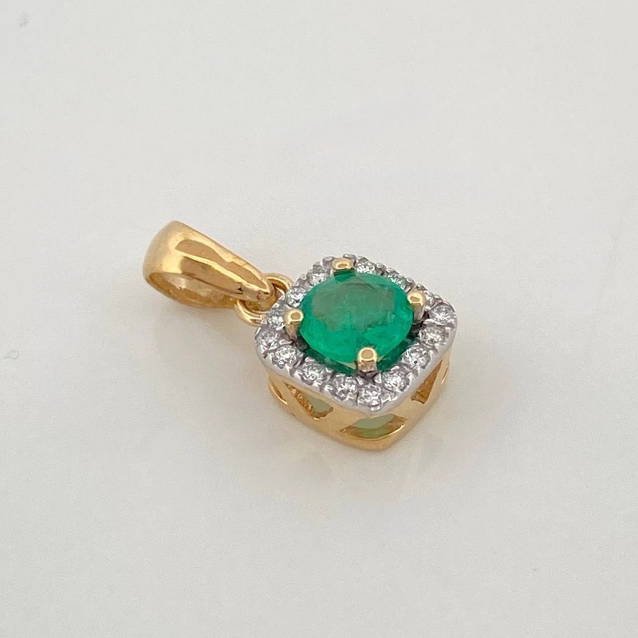 Square Halo Pendant Emerald 31Pts 16 Diamonds 10Pts 1.15 g / 1/2 in Two Yellow White Golds 18K